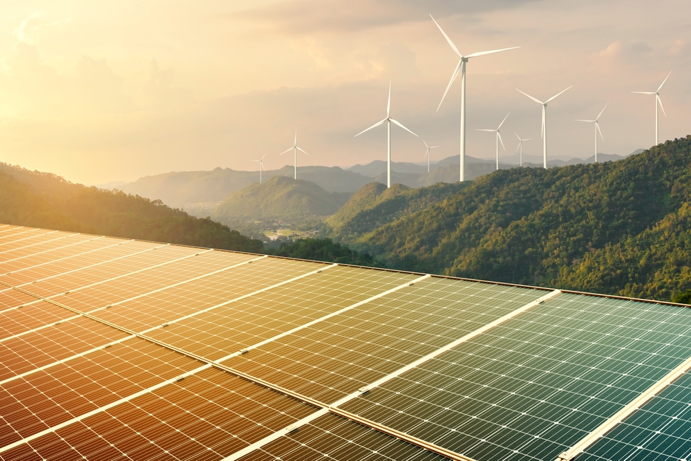 Wind,Turbine,With,Solar,Panels,On,Top,Mountain.clean,Energy.energy,Supply,wind